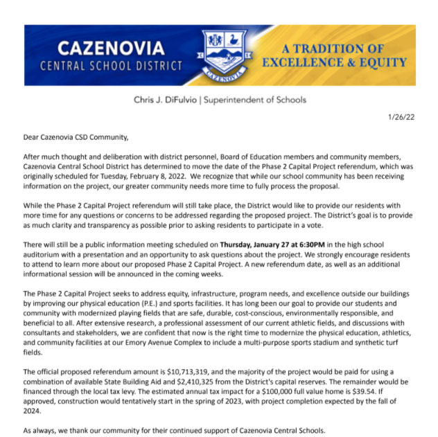 click here for letter from superintendent Difulvio